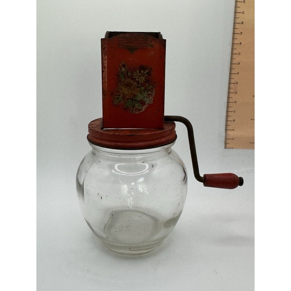 ANTIQUE VTG ANDROCK NUT‎ MEAT CHOPPER RED CHUTE W/FLORAL DECAL HAZEL ATLAS #5935